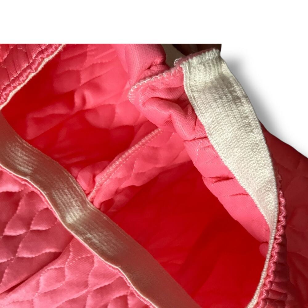 Vintage 60s Pink Quilted Satin Pajama Lounge Set Lace Trim Size 34 Medium - Picture 10 of 13